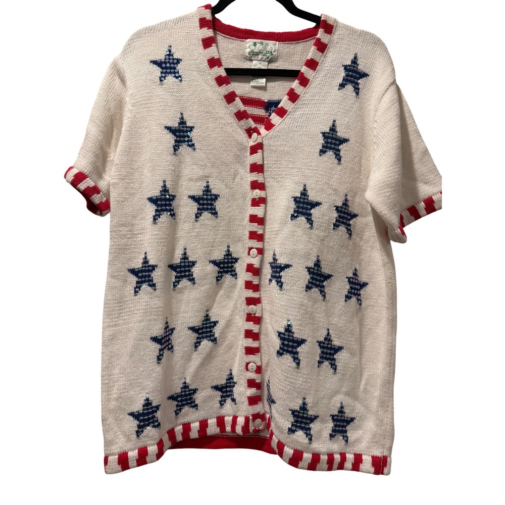 Quacker Factory Americana Star Sequin Short Sleeve Cardigan Sweater White Medium